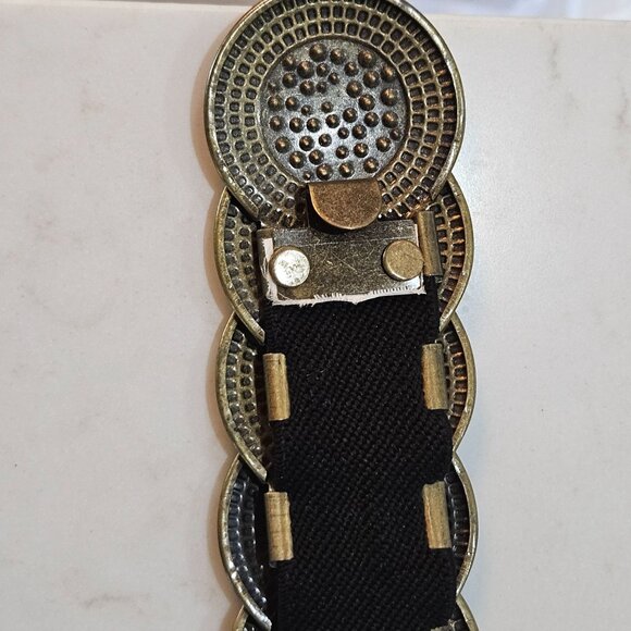 Vintage Brass Coin Stretch Belt Black Elastic Strap & Snap Closure 32 to 40" - Picture 6 of 9